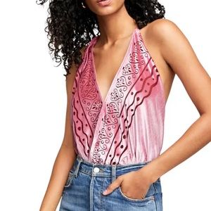 FREE PEOPLE
Body Talk Plunge Neck Velvet Sleeveless Bodysuit In Red Velvet
